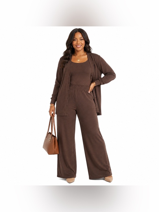 Unknown Pants - Brown 3-Piece Knit Sweater Set Cardigan Tank Wide Leg Pants XL